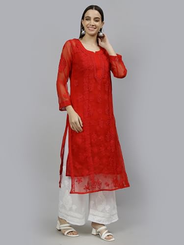 Image of Seva Chikan Hand Embroidered Lucknowi Chikankari Georgette Kurta with Inner Slip for Women SCL4431