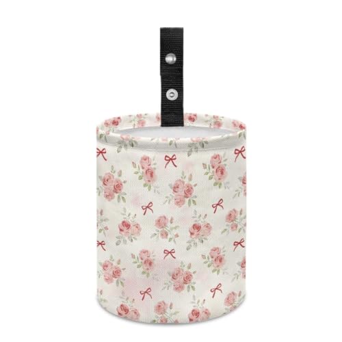Image of Pink Flower Bow Car Trash Can Collapsible Hanging Portable Dustbin Bin Waste Basket for Women Car Accessories Interior Small Trash Can for SUV Trucks
