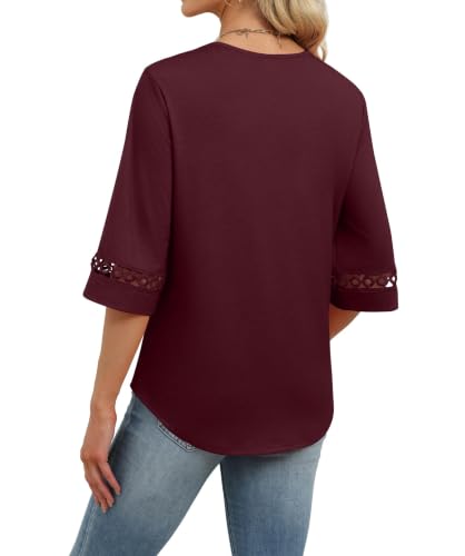 Image of WIHOLL Womens Tops Eyelet Lace V Neck 3 /4 Bell Sleeve Blouses Dressy Casual Work Shirt 2026 Summer Fall Fashion Clothing