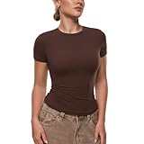 INLYRIC Women's Inbarely Ultra Short Sleeve Tops Crew Neck Double Lined Going Out Slim Fit T Shirts Summer Basic Tees Hazelnut Small