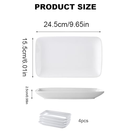 Velicber Porcelanowy półmisek do serwowania, zestaw 4 prostokątnych talerzy obiadowych, 24 x 15 x 3 cm, półmisek do serwowania, białe talerze ceramiczne, do bufetu, ciasta, sushi, przystawek | do domu