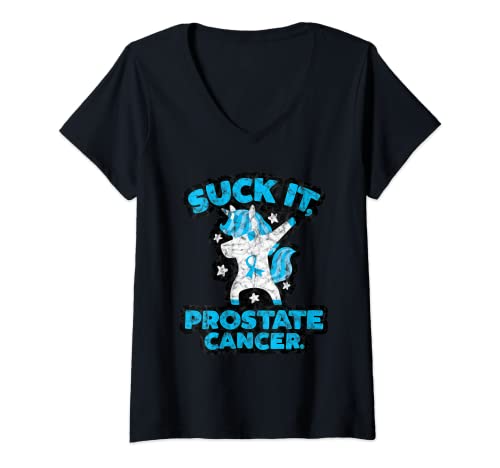 Mujer Suck It Prostate Cancer Fighter Survivor Cita Funny Unicorn Camiseta Cuello V