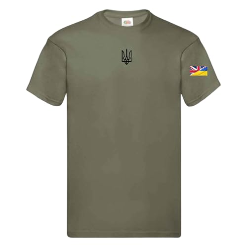 Ukrainian Trident Emblem T Shirt Split Ukraine United Kingdom Flag on Sleeve (UK Alpha 3XL Regular Regular Khaki)