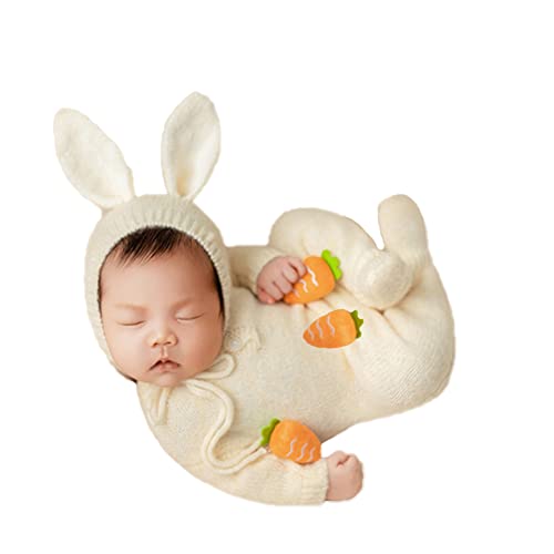 Image of CUTEBBPHOTO Newborn Baby Photography Bodysuits Rabbit Outfits Boy Girl Infant Photo Crochet Outfit Prop (Beige)
