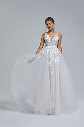 Image of Spaghetti Chiffon Beach Wedding Dress V Neck A line Bridal Gowns Lace Plus Size Wedding Dress