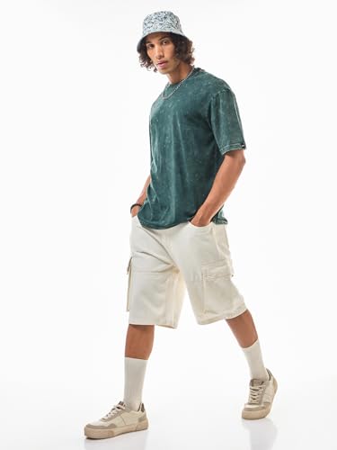 Image of Bewakoof Men's Self Design Oversized Fit Half Sleeve Round Neck Pure Cotton Acid Wash T-Shirt