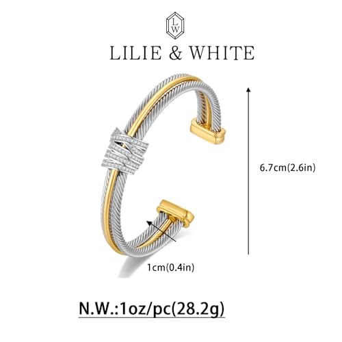 LILIE&WHITE Adjustable Two-Tone Gold Bracelet for Women - Chic Open Cuff Bangle with Cubic Zirconia - Boho Statement Jewelry for Summer - Image 6