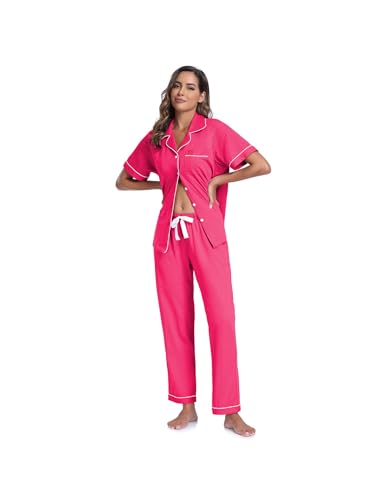 Image of CF Womens 100% Cotton Pajamas Set Button Down Pjs Sets Short Sleeve Top & Long Pants Sleepwear Comfy Loungewear with Pockets