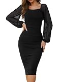 CYiNu Women's Elegant Ruched Bodycon Midi Dress Square Neck Long Puff Sleeve Mesh Cocktail Party Dresses(Black,M)