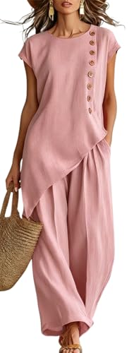 Conjunto de lino para mujer ropa de dos piezas blusa manga corta y pantalones anchos