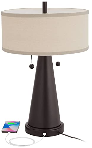 Franklin Iron Works Craig Rustic Farmhouse Accent Table Lamps 23" Tall Set Of 2 With Usb Charging Port Bronze Metal Natural Drum Shade For Bedroom Living Room House Desk Bedside Nightstand Office #TOP2