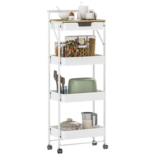 HOMCOM Carrito Auxiliar con Ruedas de 4 Niveles Carro de Cocina con 1 Cajón y 3 Cestas de Almacenaje Carrito Organizador para Sala de Estar Dormitorio Oficina Blanco