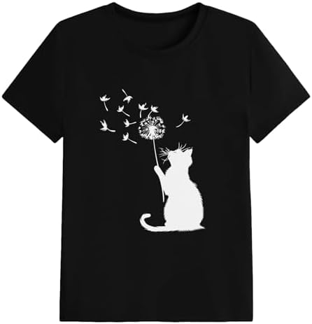 Cat Shirt Women Dandelion Shirts for Women Funny Dandelion Cat Graphic Print Tee Tops