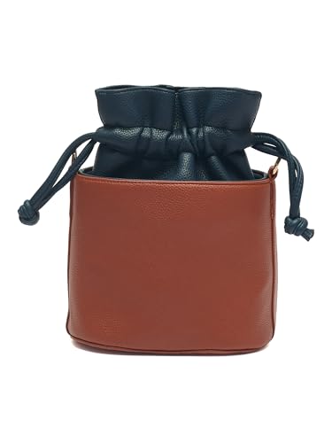 Image of white lily Women's Bucket Bag with Drawstring, Black and Brown Two-Tone, Adjustable Shoulder Strap
