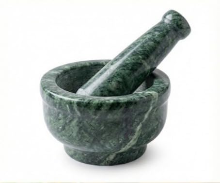 Image of Premium White Marble Mortar and Pestle Set (Okhli /Masher) | Solid Stone Grinding Bowl for Spices, Herbs, Garlic, and Masala | Natural, Heavy, Non-Porous Kitchen Tool (Green, 3 Inch)