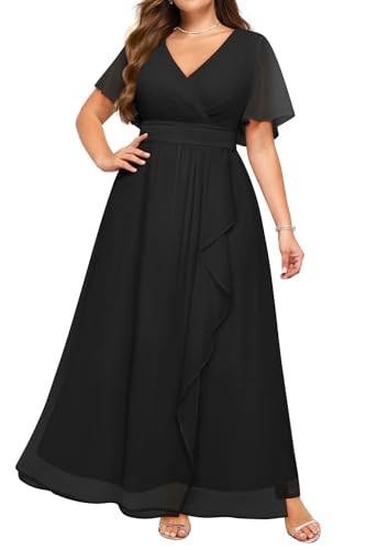 Plus Size Formal Dresses - Wedding Guest Bridesmaid Evening Prom Chiffon V Neck Ruffle Short Sleeves Long Dress Women2