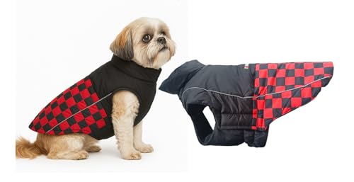 Image of The Pets Company Dog Winter Coat Jacket, Clothes, Windproof, Waterproof, Light Weight, Washable, Ultra Warm Thick Fleece Lined Dog Vest for Cold Weather Protection, (Red Check, Small - 14 Inch)