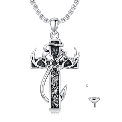 Cross Urn Necklace for Ashes Fish Hook Antler Cremation Pendant 925 Sterling Silver Nail Cross Memorial Jewelry Engraving Name Keepsake Gifts for Men Dad Husband