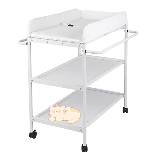 Mesa cambiador 2 en 1 con bañera de hidromasaje, de nacimiento a 12 meses, carga máxima de 14 kg, cómoda cambiador para bebé con cinturón de seguridad y almacenamiento, 84 x 72 x 90 cm (blanco)