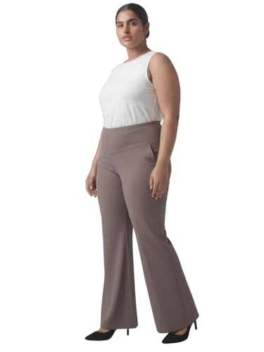 Image of AMYDUS Plus Size Women Tummy Shaper Bell Bottom Pants | High-Waist | Stretchable | Wide Waistband | 2 Pockets | Cloud Soft Fabric | Tummy Tucker Jeggings for Women - L to 9 XL Taupe Brown