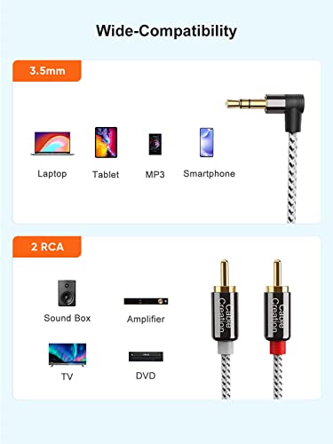 CableCreation 3.5mm to RCA Cable, Angle 3.5mm Male to 2RCA Male Auxiliary Stereo Audio Y Splitter Gold-Plated for Smartphones, MP3, Tablets, Speakers, Echo Dot, Home Theater, HDTV, 10FT/3M