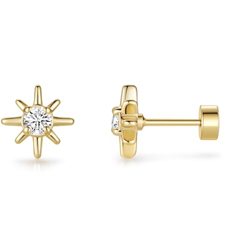 ASHINE Flat Back Earrings Women 14K Gold Plated Stud 925 Sterling Silver Post Hypoallergenic Screwback Small Dainty Cartilage Helix Tragus Conch Cubic Zirconia Piercing Stacks Jewelry (Star, Gold)
