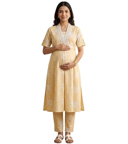 Image of DUMMY SHAPE Maternity Dresses for Women Cotton | Floral Kurta Pant Dupatta Set with Nursing Zippers, Side Pocket | Pre & Post Pregnancy | Feeding Kurti Suit | Baby Shower | Gifts for Pregnant Woman