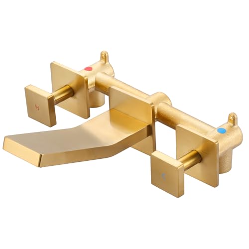 ARCORA Wall Mount Bathroom Faucet - Brushed Gold Dual Handle Wall Mount Waterfall Vessel Sink Faucet Brass Rough-in Valve Included
