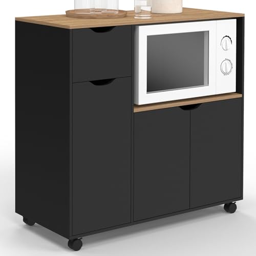IDMarket - Desserte micro-onde de cuisine COSI XXL placards avec tiroir bois noir et plateaux façon hêtre L.90 cm