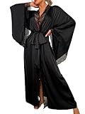 ChiaoLezhee Silk Long Robe For Women, Satin Lace Trim, Bride Wedding Night, Bridal Bridesmaid Kimono Robes Lightweight Boudoir Outfits Sexy High Slit Bathrobe Kimonos, Black, Large
