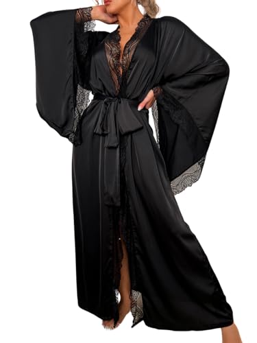 ChiaoLezhee Silk Long Robe For Women Satin Lace Trim Bride Wedding Night Bridal Bridesmaid Kimono Robes Lightweight Boudoir Outfits Sexy High Slit Bathrobe Kimonos Black Large