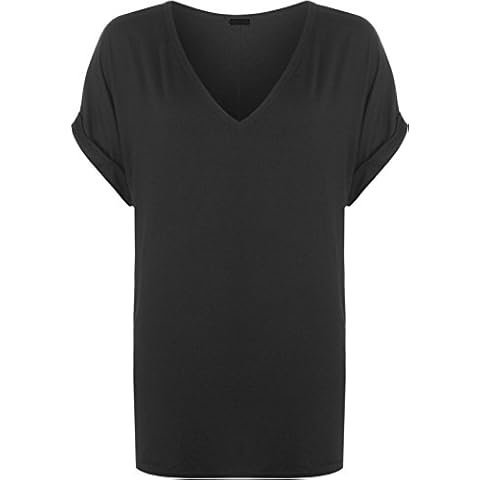 New Ladies Women V Neck Turn Up Short Sleeve Baggy T-Shirt Top Plus Size UK 8-26 (20-22, Black) Cover