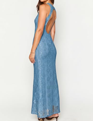 Image of Elegant Lace Floral V Neck Backless Bodycon Dresses for Women Sexy Cut Out Low Back Sleeveless Maxi Dress Wedding Guest
