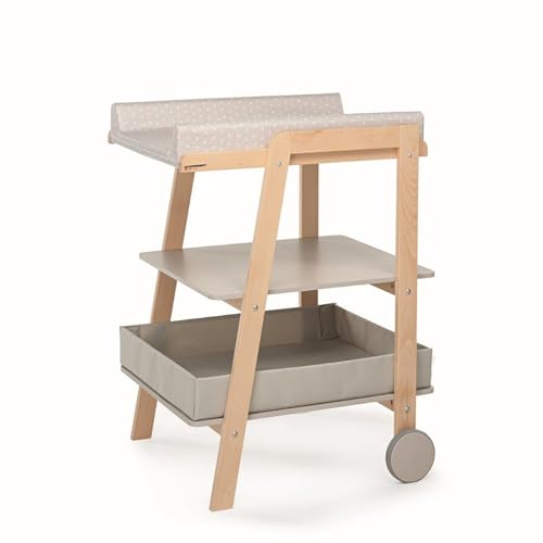 Foppapedretti Fasciatoio Athena, Legno di Faggio, Made in Italy, Design Moderno e Lineare, Ruote in ABS Rivestite in Gomma, Materassino Incluso, 2 Ripiani Aggiuntivi, 65x70x93 cm, Naturale Tortora
