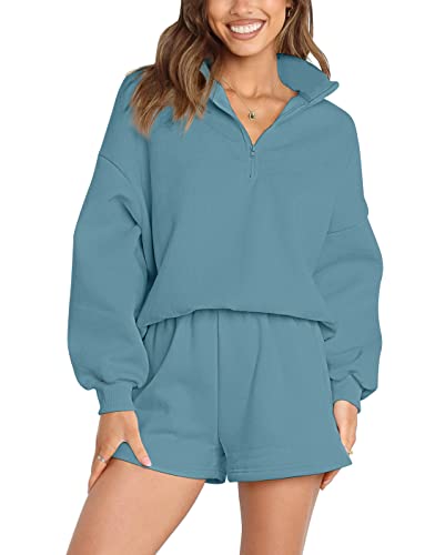 Merokeety Women's 2023 Fall 2 Piece Outfits Zipper Lounge Sets Casual Tops Shorts Pajama Sets With Pockets, Blue, M #TOP20
