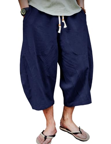 Image of EKLENTSON Mens 3/4 Cotton Linen Shorts Summer Lightweight Loose Casual Capri Pants Elastic Waist Beach Yoga Long Shorts Navy,38