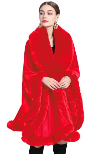 Image of Women Poncho Cape Faux Fur Collar Knitted Cardigan Sweater Batwing Long Sleeve Shawl Wrap Coat Oversized Cloak
