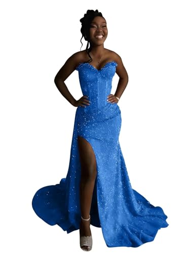 RYANTH Blue Sparkly Sequin Mermaid Prom Dresses 2026 Long Women's Strapless Formal Dress Ruched Corset Cocktail Party Gown Size 4