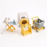 OLEOCA Family Dollhouse Laundry Set — Washing Machine, Ironing Board & Iron, Vacuum, Storage Stand & Rolling Cart — Dollhouse Furniture & Accessories for Ages 3+