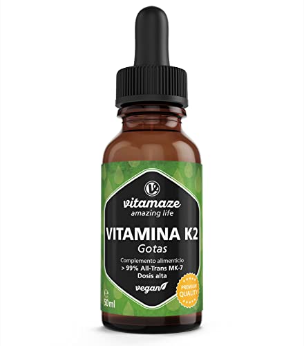 Vitamina K2 Gotas 200 mcg de Alta Dosis, Vitamina K2 vegano y líquido por dosis diaria, Menaquinona MK-7 (< 99% en Forma All-Trans), 50ml (1700 Gotas), sin Aditivos Innecesarios