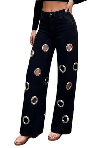Women's Baggy Wide Leg Jeans Metal Circle Ring Cut Out Denim Pants Jeans Casual Glitter Stretchy Relaxed Fit Trousers Black