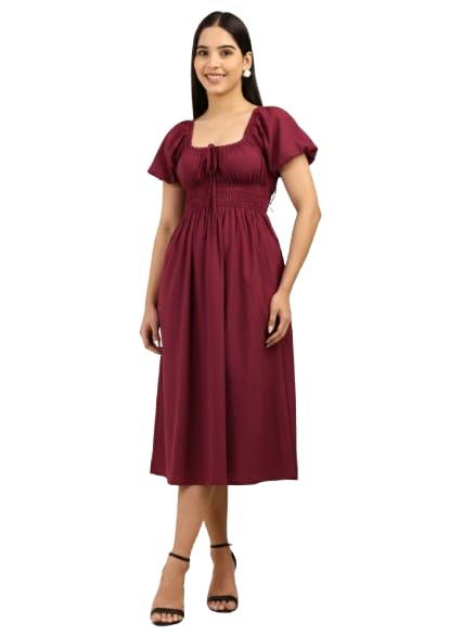 Cotton Midi Dress for Women | Puff Sleeve Waist Elastic Casual A-Line Dress | Square Neck Elegant Solid Dress for Party, Office, Vacation-image-39