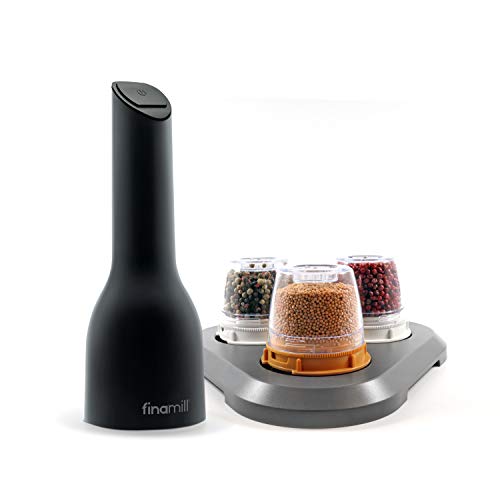 FinaMill - Award Winning Battery Operated Spice Grinder Gift Pack - includes 3 Quick-Change Spice Pods and 1 Stackable Tray - Perfect Gift for any Home Chef_Gray