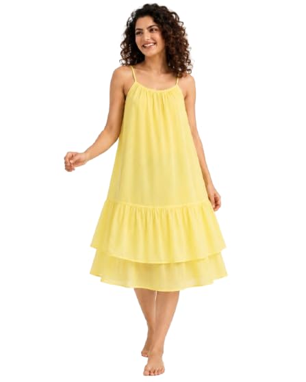 nobarr Women's Yellow Tiered Cotton Midi Dress with Adjustable Spaghetti Straps, Side Pockets & Inner Lining-picture-29