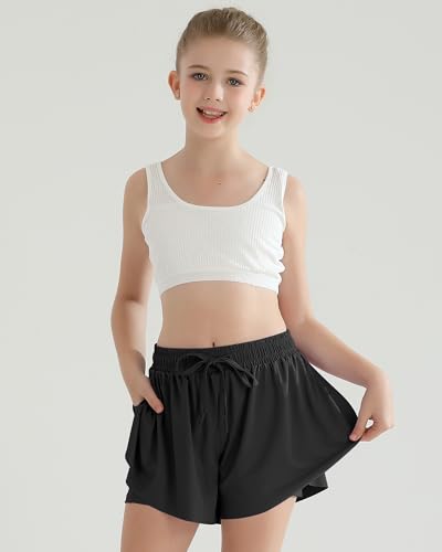 Girls Flowy Athletic Shorts with Pocket Kids Spandex 2 in 1 Drawstring Butterfly Skorts for Cheer, Dance, Running3