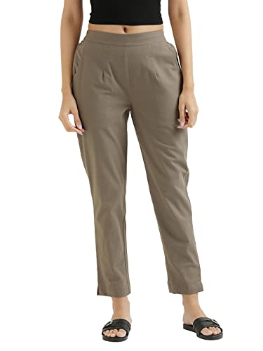 Image of SAADAA Women Cotton Pant Regular Slim Fit Mid Rise Trouser, Pocket Pants for Office School Formal Casual Daily Use