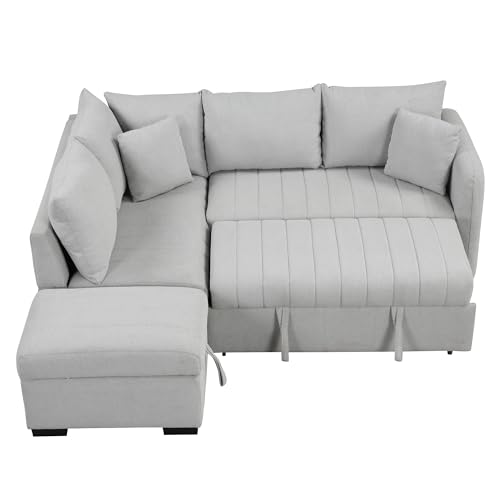 LUMISOL 82.6" Convertible Sleeper Sofa with Storage Ottoman, Pull Out Sofa Bed with USB Charging Ports & Pillows, L-Shaped Sectional Sofa Couch with Chaise for Living Room, Apartment, Grey - Thumbnail 5