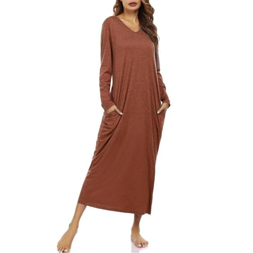 Marvmys Women Cotton Long Nightgowns Long Sleeves Nightshirts V Neck Full Length Sleep Shirts with Pocket Brown XX-Large