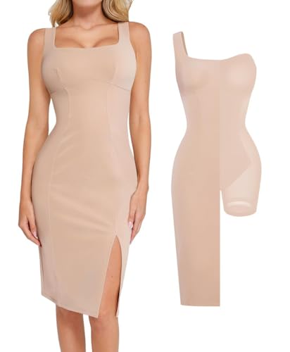 Image of Popilush Leather Dress with Built in Shapewear Square Neck Slit Midi Dresses Faux Leather Concert Club Outfits