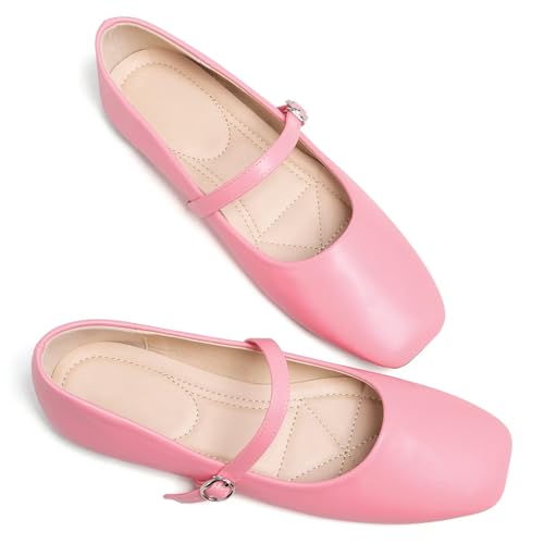 Image of TN TANGNEST Leather Flats for Women Retro Mary Jane Flats | Comfortable Square Toe Slip On Flats with Buckle Strap, Soft Work Flats Office Shoes